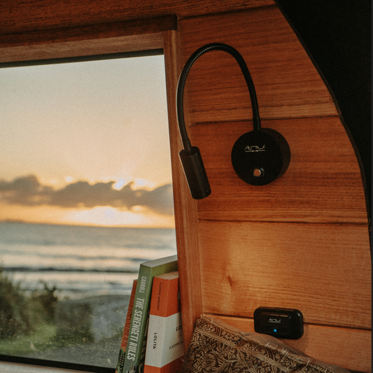 Wall-mounted van life reading light with flexible neck and USB charger